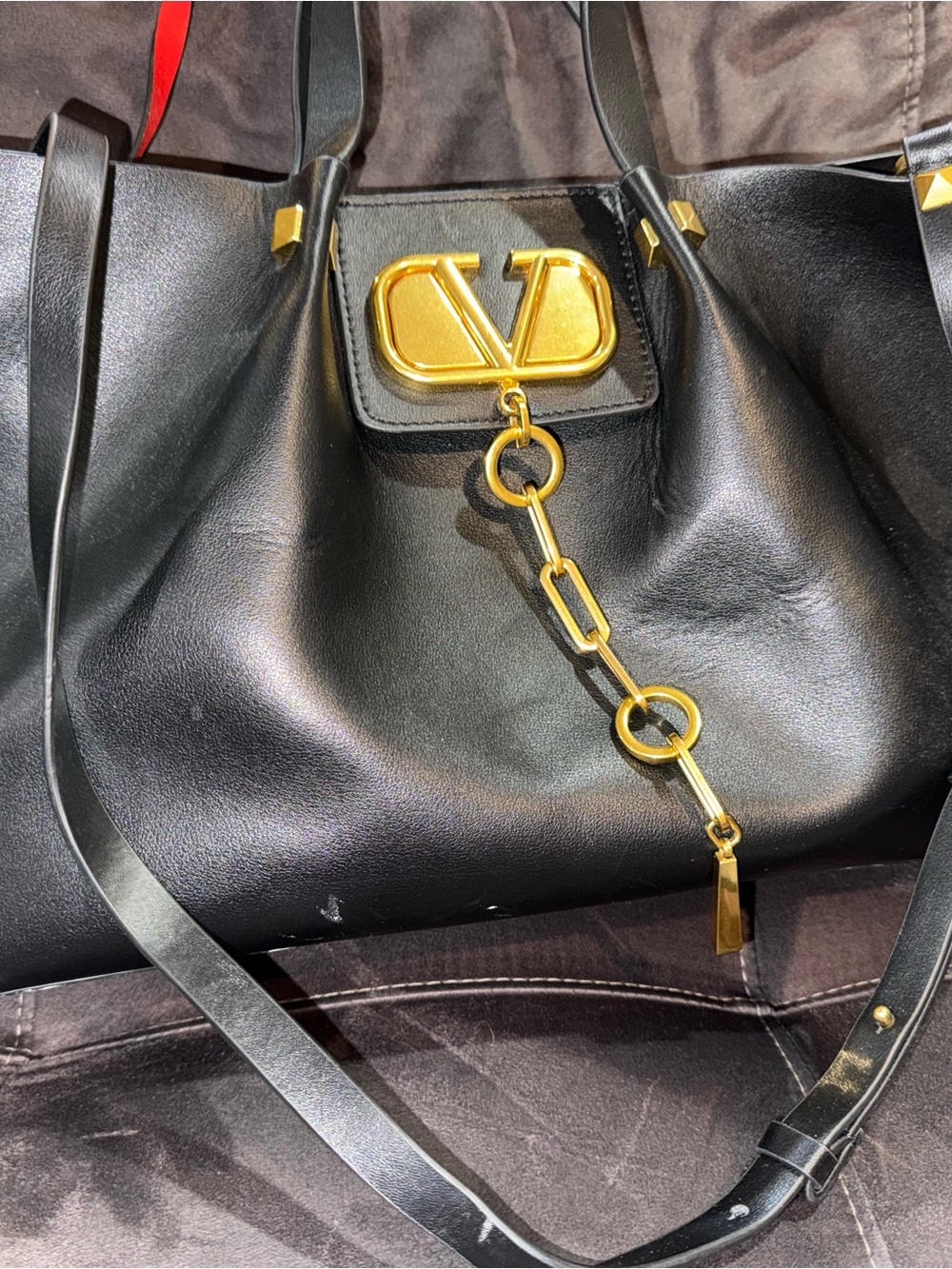 Valentino Black Leather Tote with Gold Chain Logo Accent